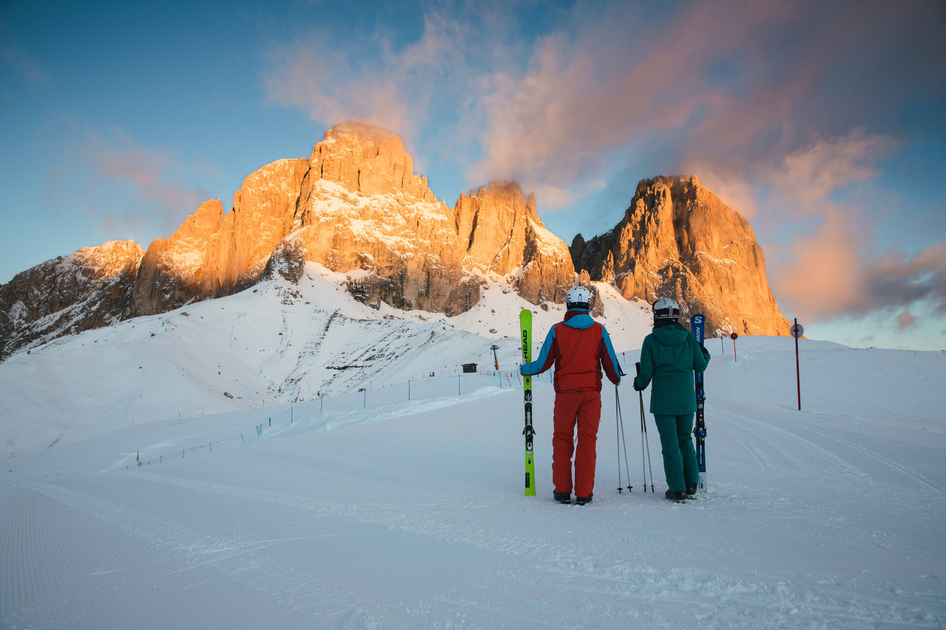 Trentino Ski Sunrise | © Archivio Immagini ApT Val di Fassa - Federico Modica Sciare all'alba al Sassolungo in Val di Fassa | © Archivio Immagini ApT Val di Fassa - Federico Modica